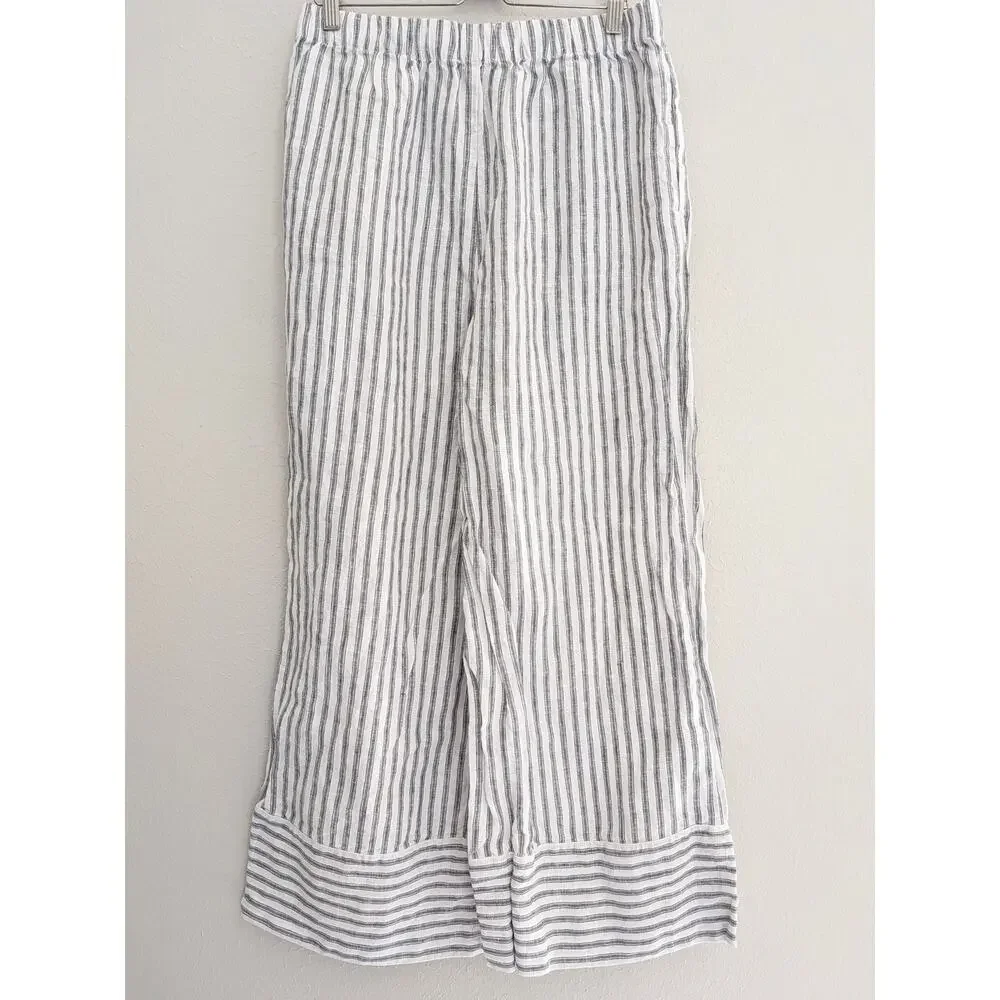 Reformation Fernando Linen Wide Leg Pant Antibes Stripe Gray White Size Medium